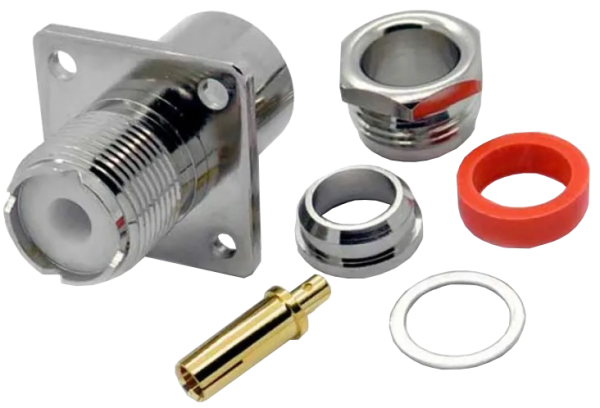 U-242B, гнездо, UHF, на корпус, с фланцем 4 отв., прижимное, RG-213